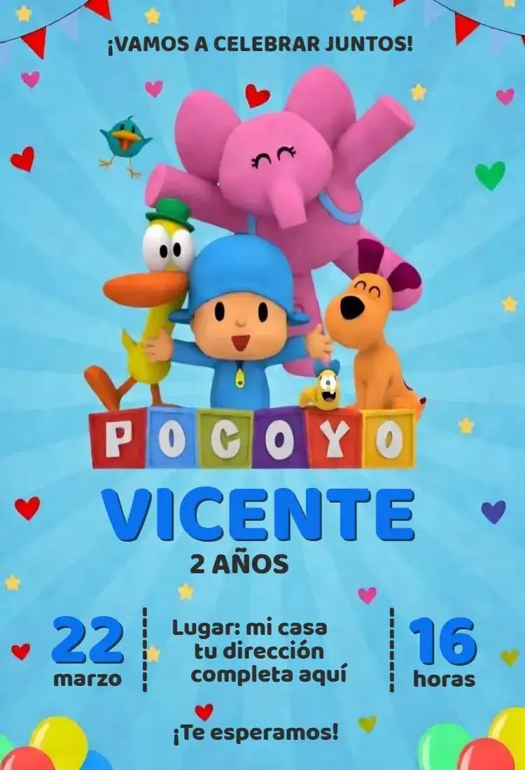 Invitación Pocoyo – tema Cumpleaños colorido, lúdico, divertido, infantil, temático