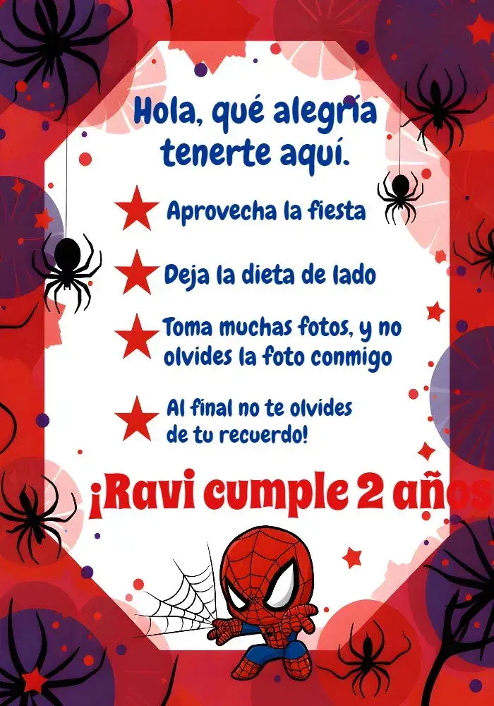 Invitación Gracias por su presencia Hombre Araña – tema Fechas Conmemorativas temática de superhéroes, colores vibrantes, estilo divertido, elementos gráficos modernos, diseño colorido