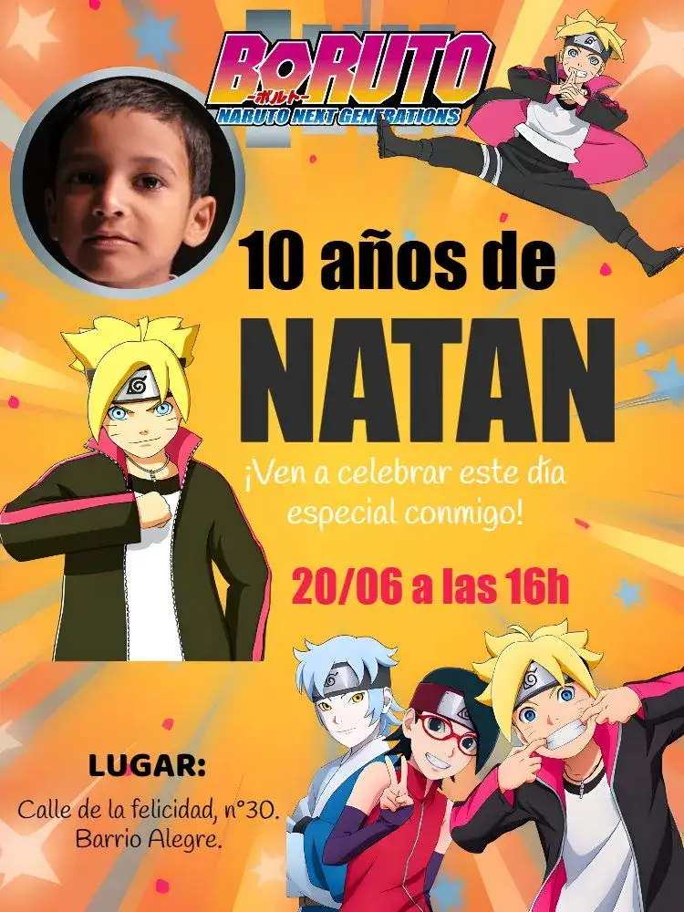 Invitación Boruto Con Foto de Naruto – tema Cumpleaños Infantil moderno, anime, vibrante, divertido, temático