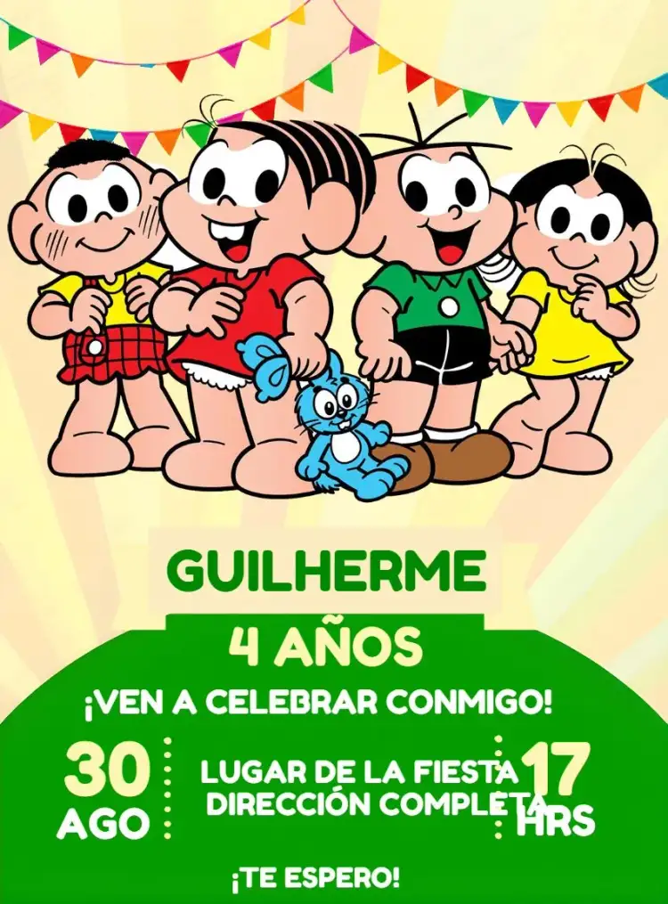 Invitación Turma Da Monica Souza – tema Cumpleaños Infantil colorido, divertido, ilustraciones infantiles, moderno, temático, lúdico