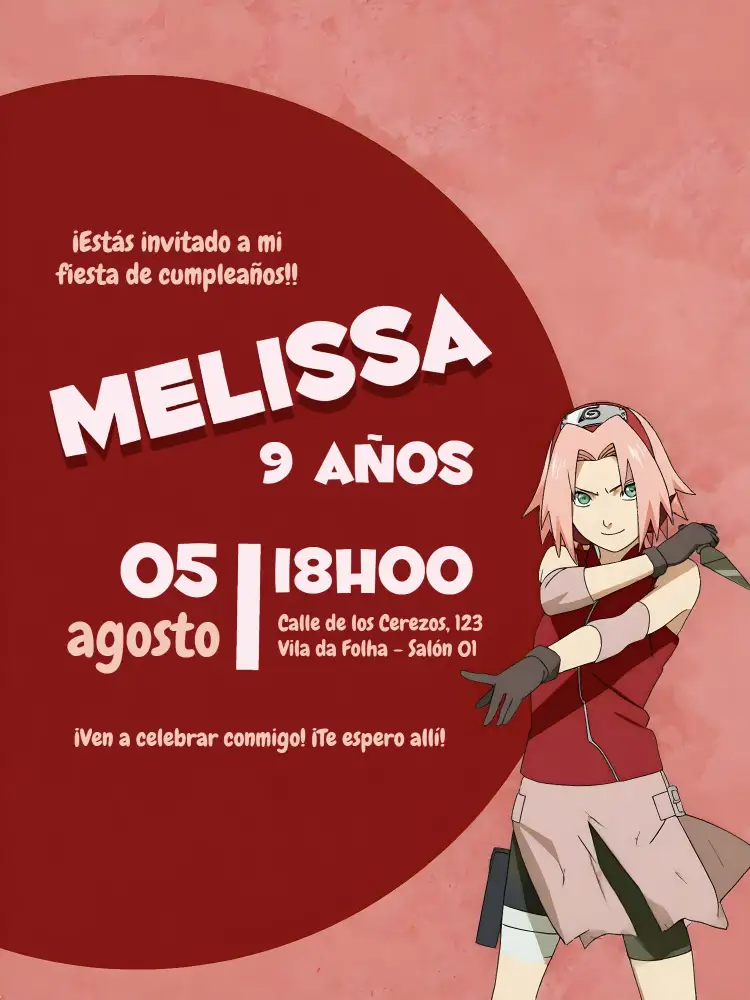 Invitación Sakura – tema Cumpleaños Infantil flores de cerezo, colores suaves, estilo anime, diseño lúdico, elementos gráficos divertidos, toque delicado