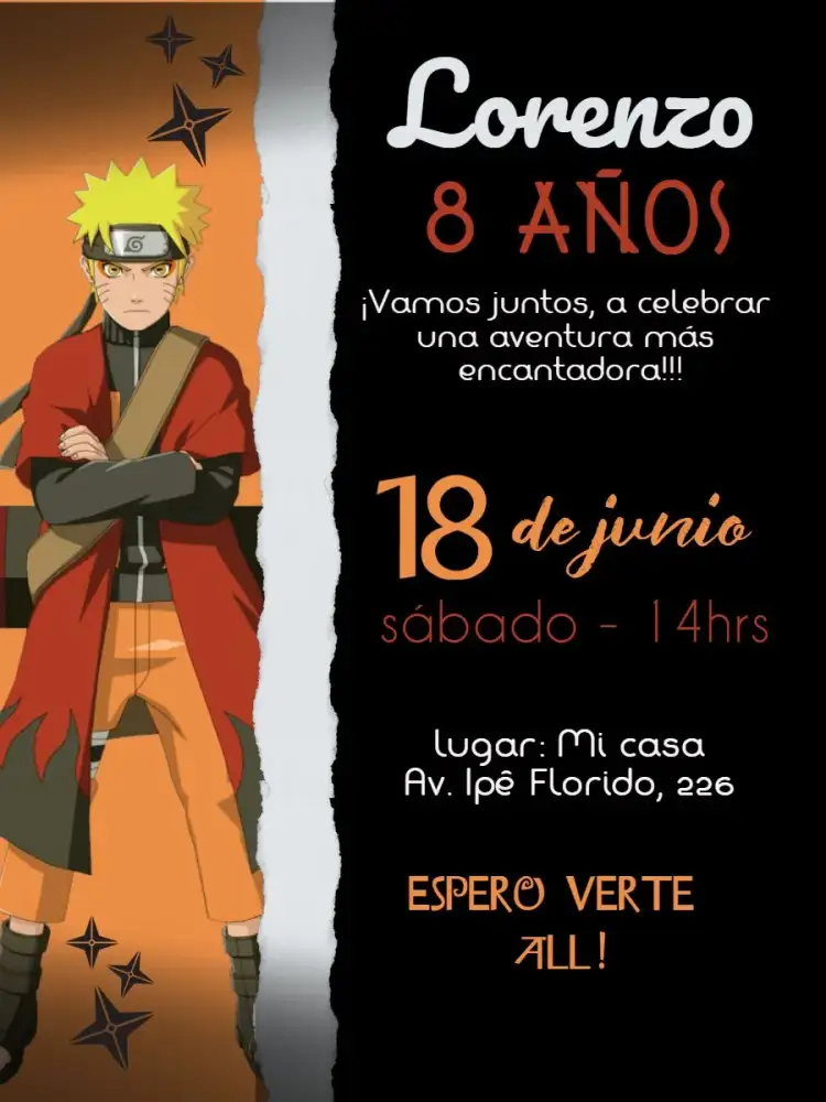 Invitación Naruto Naranja – tema Cumpleaños Infantil colorido, anime, moderno, divertido, jovial
