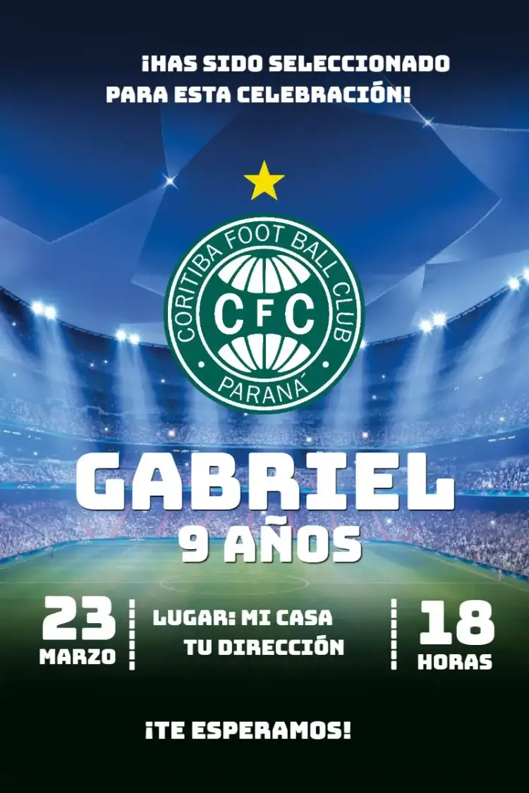 Invitación Coritiba 4 – tema Cumpleaños fútbol, verde y blanco, moderno, vibrante, deportivo