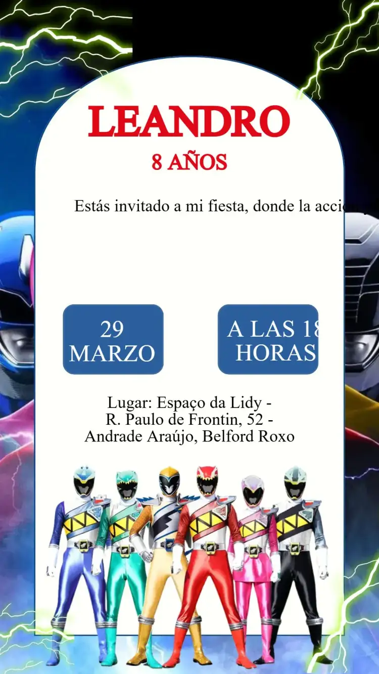 Invitación Invitación Cumpleaños Power Rangers – tema Cumpleaños Infantil colorido, temático, animado, vibrante, infantil, super-herói