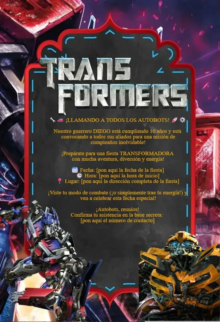 Invitación transformers – tema Cumpleaños colorido, aventura, futurista, ilustraciones de robots, dinámico, divertido