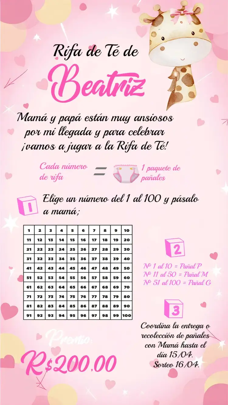 Invitación Chá Rifa Girafinha Bebê – tema Té Rifa floral, safari, rosa y blanco, divertido, delicado, moderno