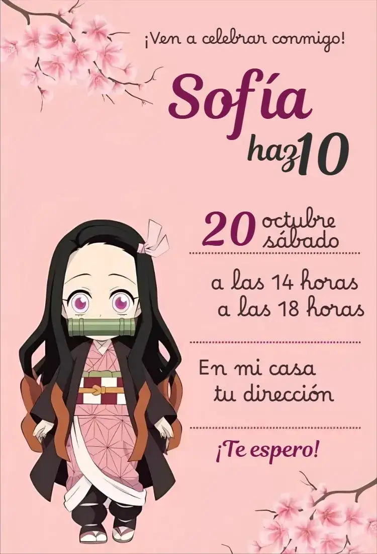 Invitación Nezuko Kamado 3 – tema Cumpleaños Infantil anime, flores de cerezo, floral