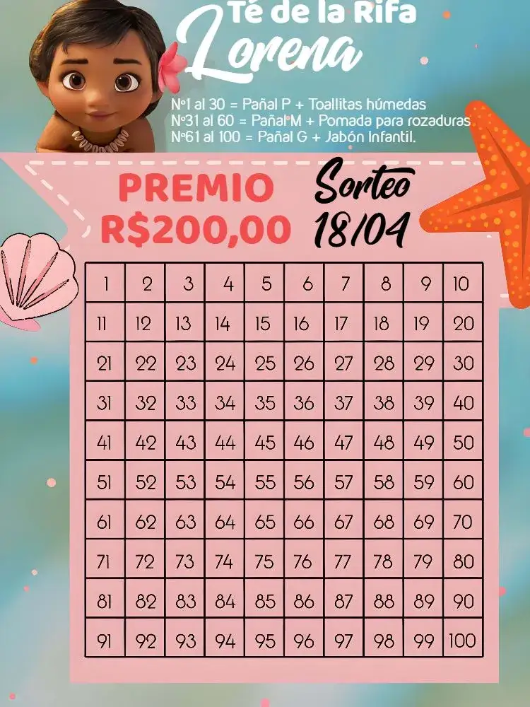 Invitación Té Rifa Moana Bebé Cartela – tema Té Rifa vibrante, colorido, infantil, tropical, temático, marinho