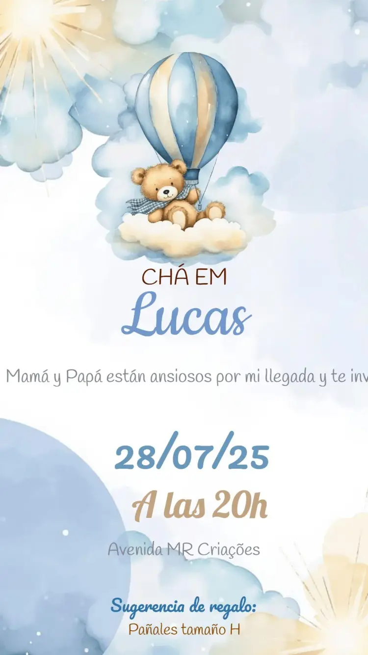 Invitación Baby Shower Oso Globero Acuarela editable y personalizable