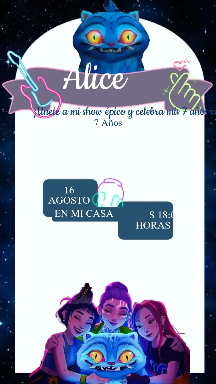 Invitación Invitación Cumpleaños Guerreras del K-POP – tema 15 años colores vibrantes, estilo moderno, elementos gráficos del K-POP, diseño alegre, inspiración pop, estilo urbano
