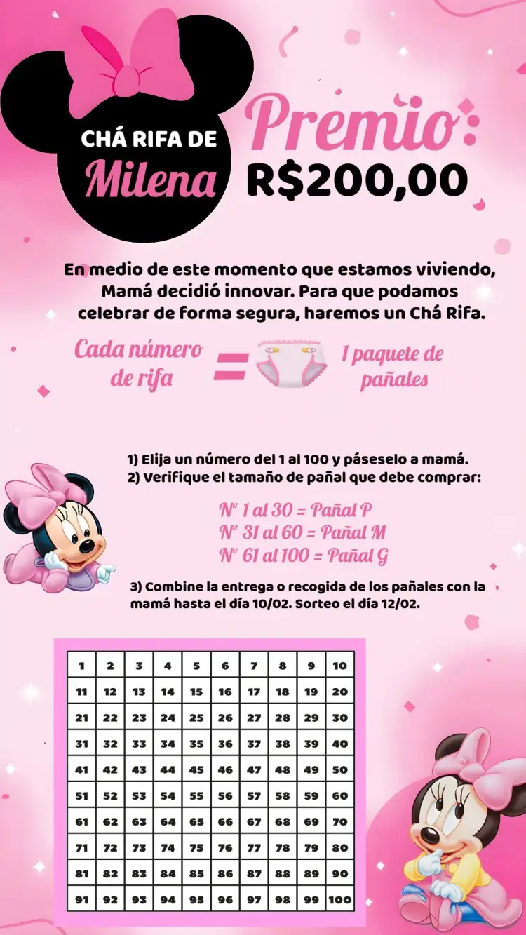 Invitación Chá Rifa Minnie Mouse Baby Cha – tema Té Rifa Minnie Mouse, rosa y negro, divertido, infantil, moderno, colorido