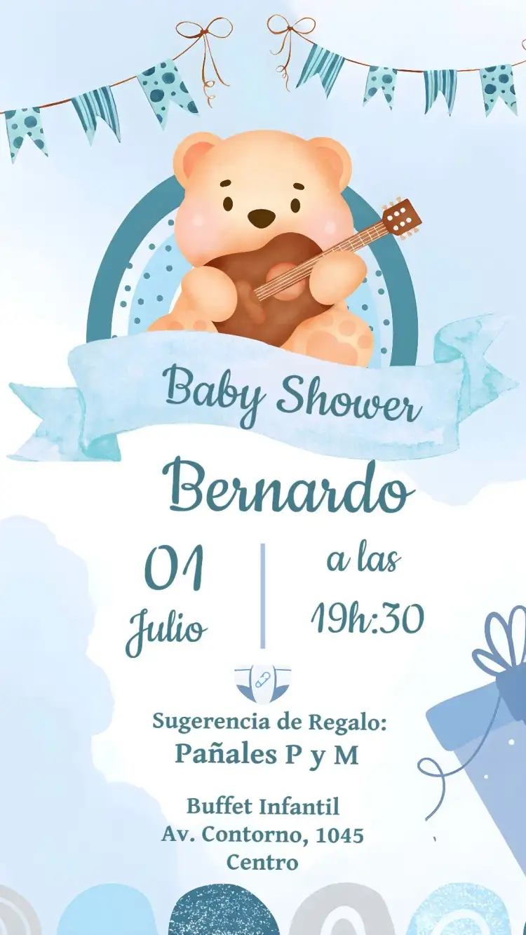 Invitación Baby Shower Osito Azul – tema Baby Shower azul, acuarela, infantil, divertido, tierno
