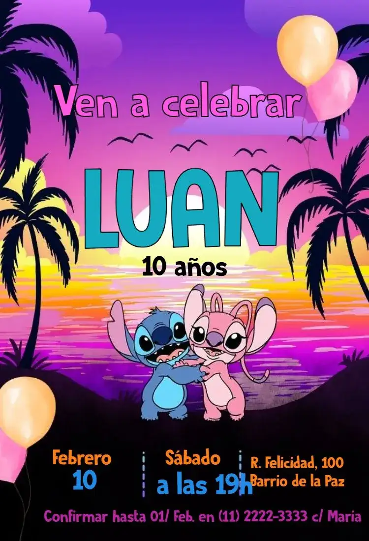 Invitación Stitch y Angel Luau – tema Más buscados tropical, colorido, divertido, verano, temático, playa