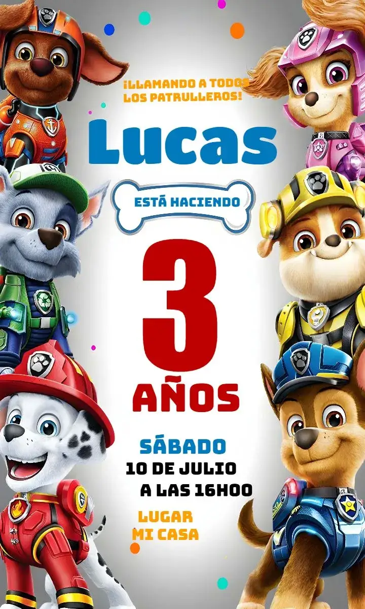 Invitación Patrulla Canina Negro – tema Cumpleaños Infantil moderno, colorido, infantil, temático, divertido