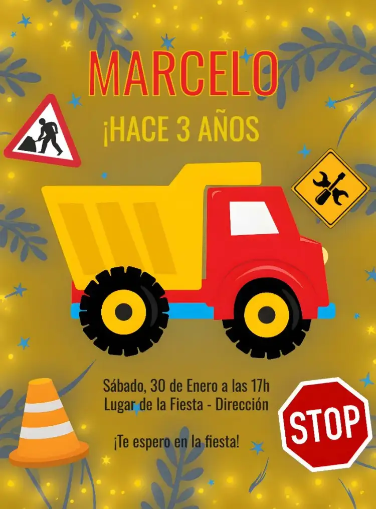 Invitación Camión Construcción Constructor – tema Té Rifa colorido, infantil, temático, juguetón, moderno, vibrante
