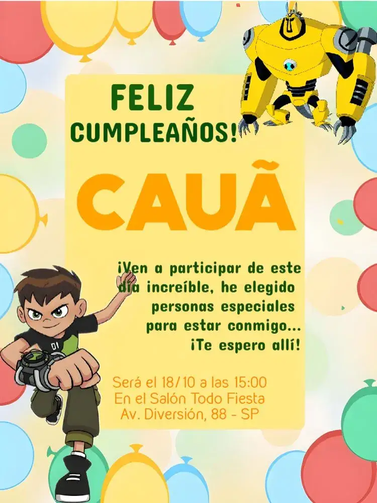 Invitación Ben 10 Benjamin – tema Cumpleaños Infantil amarillo, aventura, monstruos, divertido, colorido