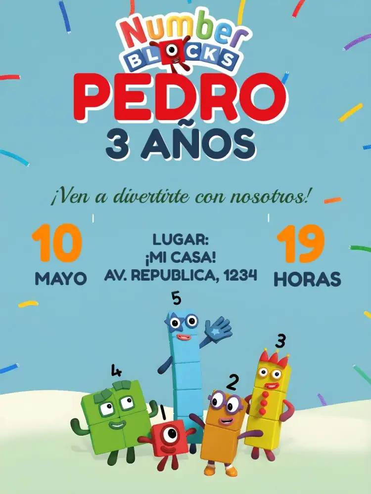 Invitación Numberblocks Naranja – tema Más buscados colorido, divertido, lúdico, infantil, moderno