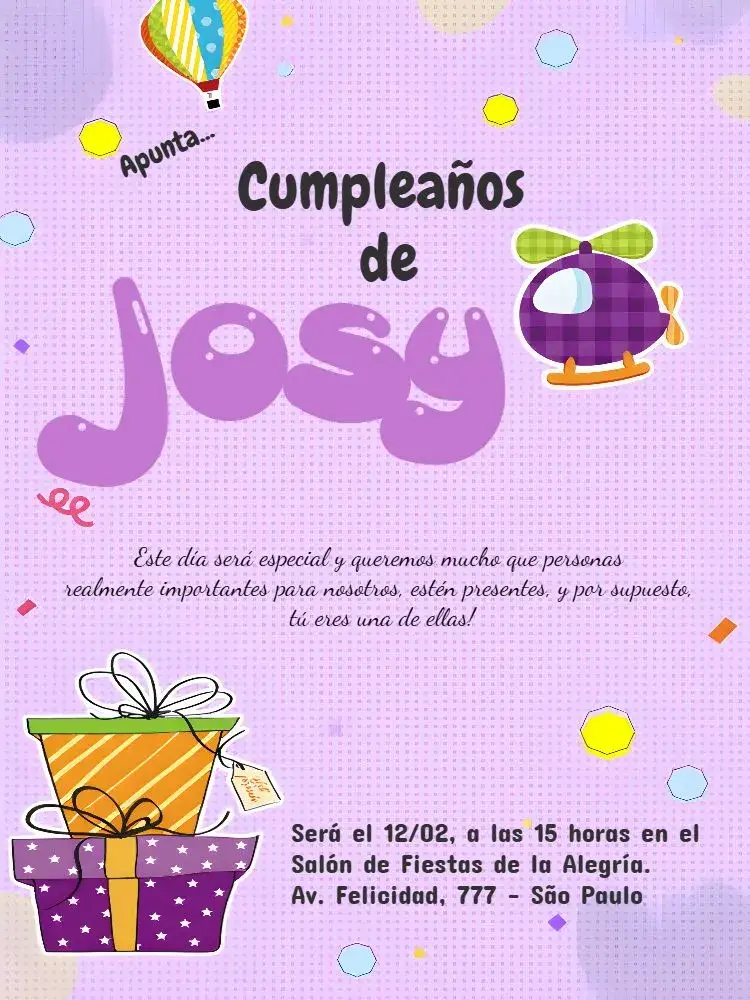 Invitación Infantil - Helicóptero Lilás Presentes