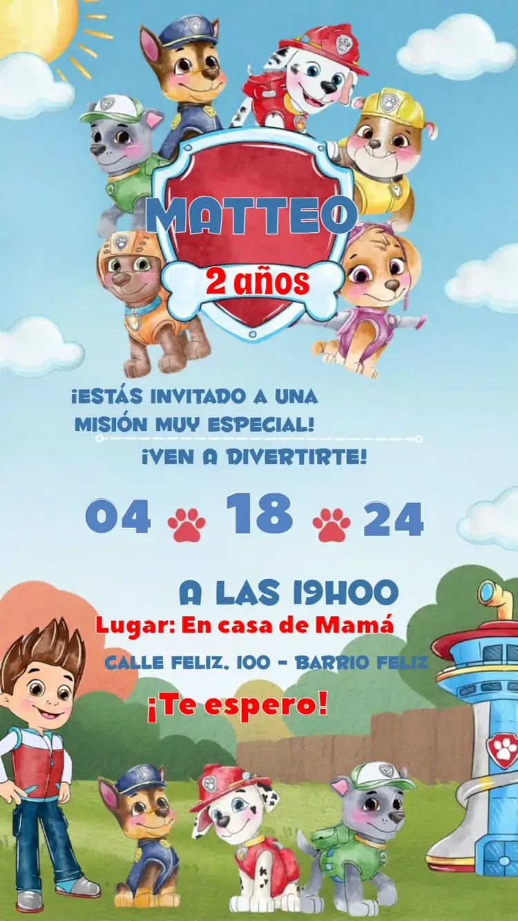 Invitación Patrulla Canina – tema Cumpleaños Infantil acuarela, colorido, divertido, infantil, temático