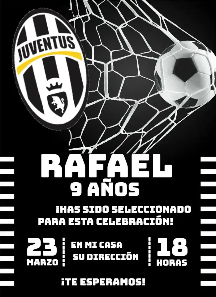 Invitación Juventus 1 – tema Cumpleaños fútbol, moderno, vibrante, deportivo, colorido, alegre