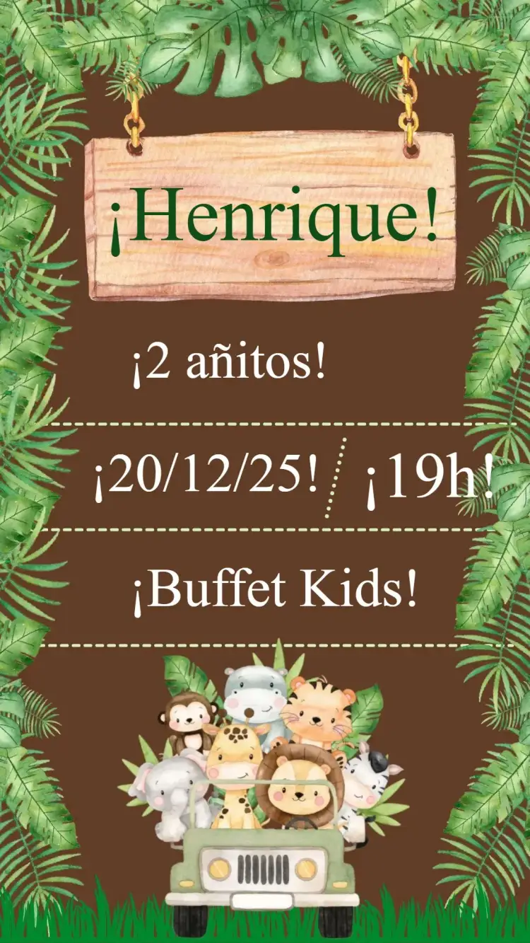 Invitación Safari – tema Cumpleaños Infantil salvaje, colorido, divertido, tropical, animales, aventura