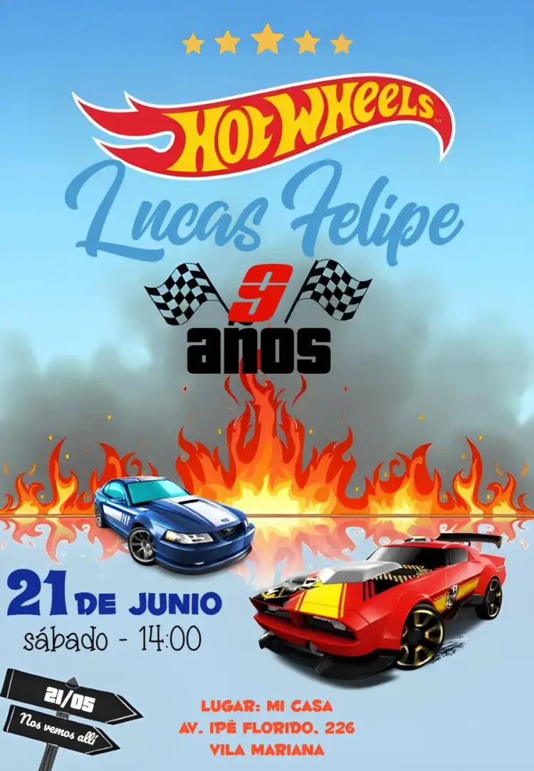 Invitación Hot Wheels Infantil – tema Cumpleaños Infantil colorido, divertido, temático, moderninho, dinámico