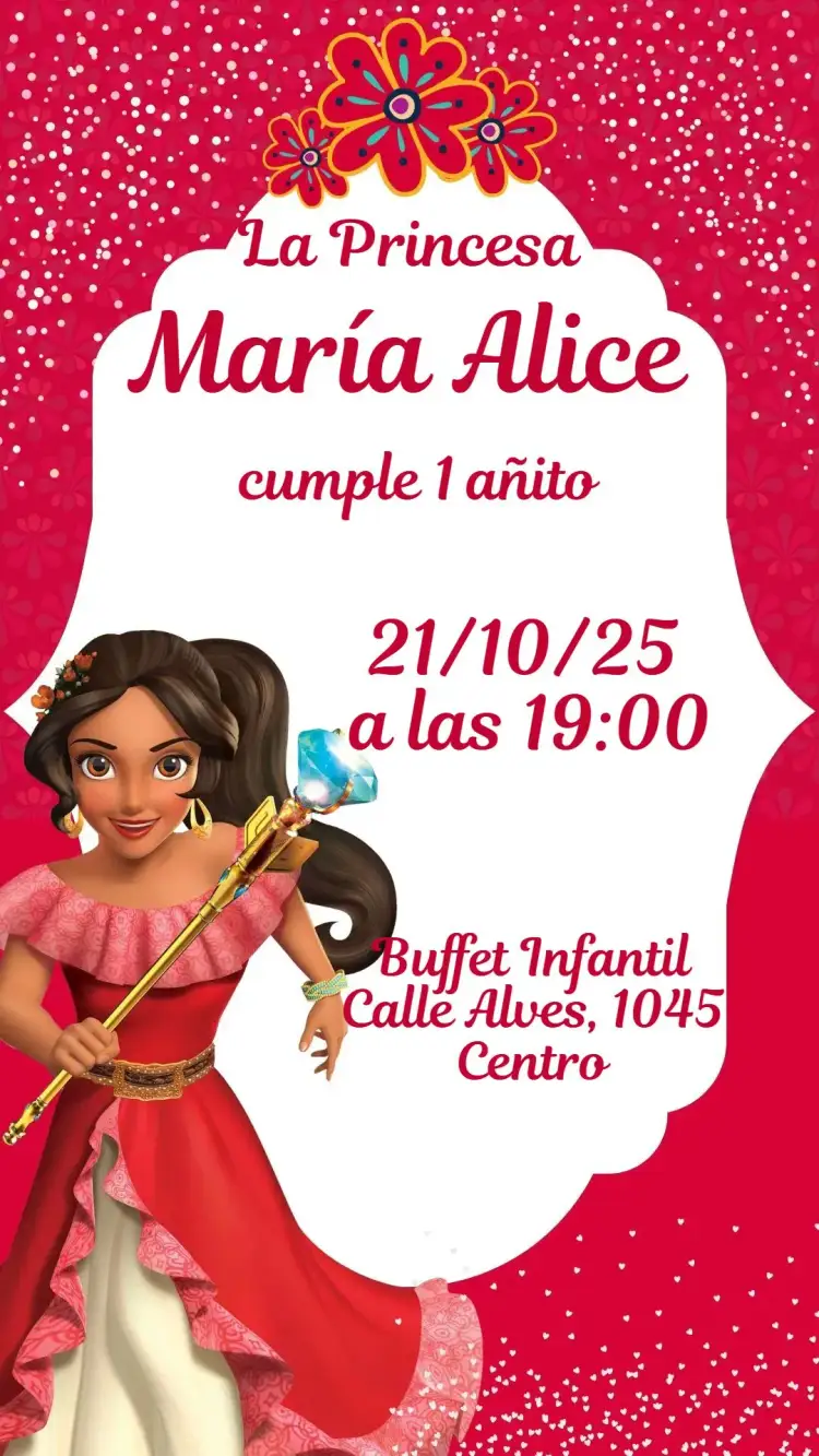 Invitación Elena de Avalor – tema Cumpleaños Infantil colorido, mágico, temática Disney, aventura, alegre