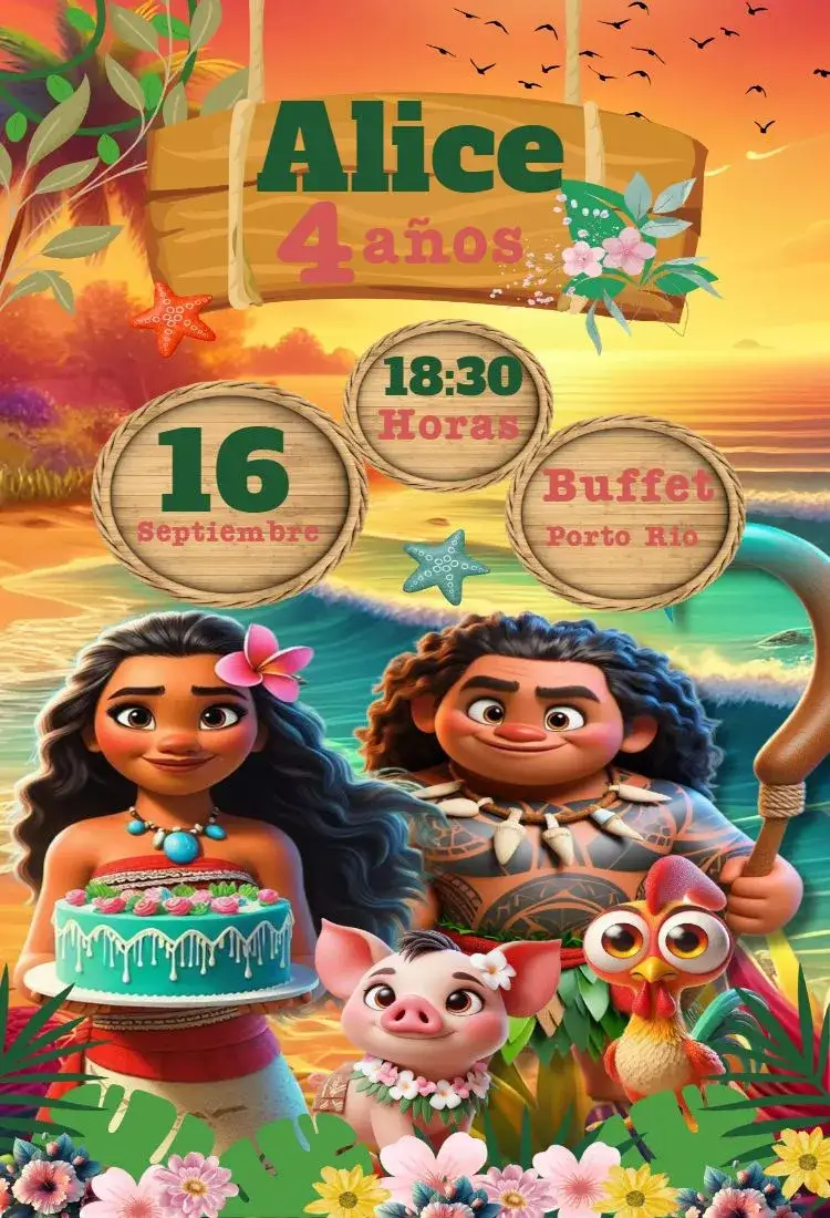 Invitación Invitación Digital Moana – tema Cumpleaños Infantil tropical, colorido, aventura, marinho, pintura acuarela, fantasía