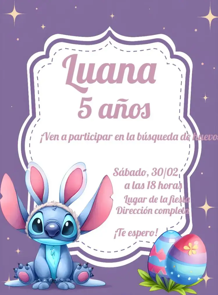 Invitación Pascua Stitch Disney – tema Fechas Conmemorativas rosa, divertido, Disney, ilustraciones lúdicas, temática infantil, Pascua