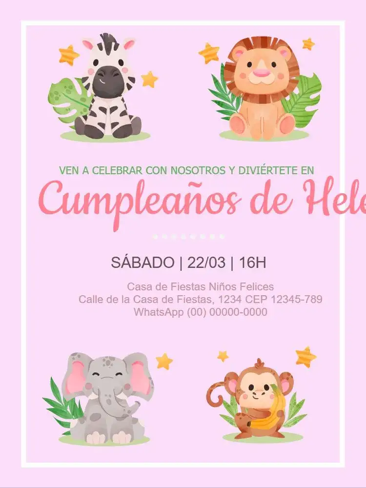 Invitación Safari Baby Niña Rosa – tema Cumpleaños Infantil rosa pastel, animales de la selva, delicado, ilustraciones adorables, estilo lúdico, naturaleza