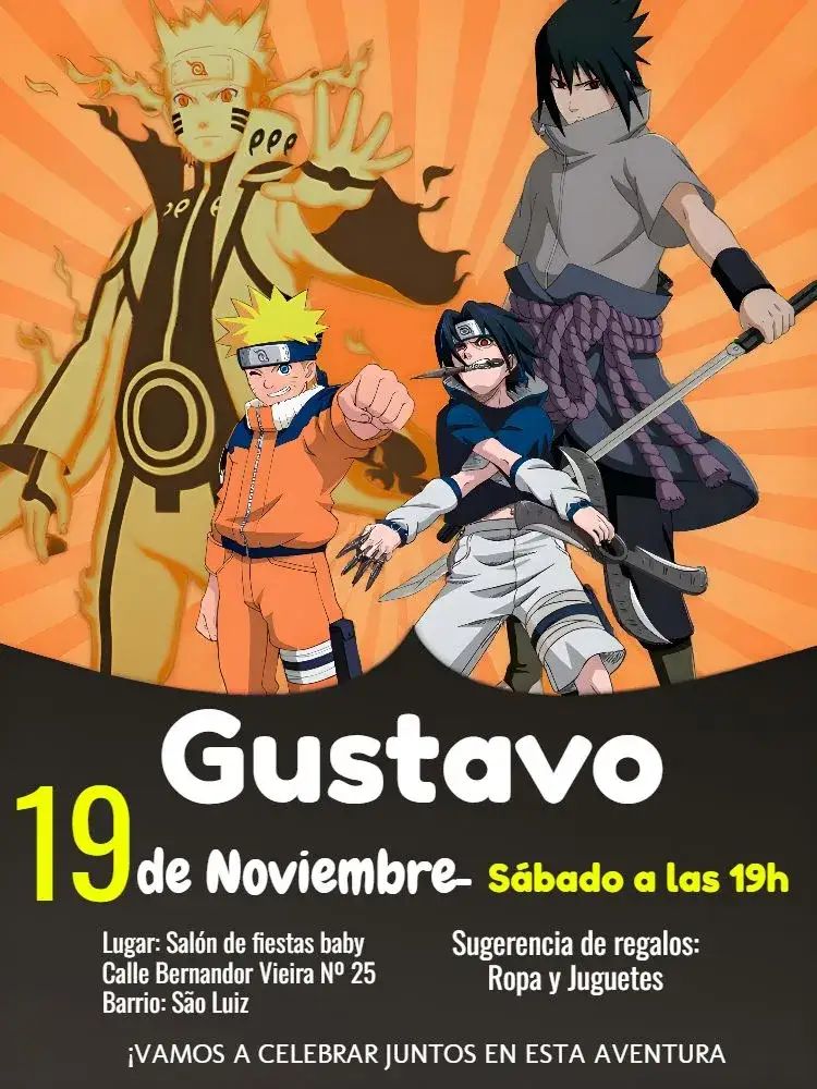 Invitación Naruto Evolución – tema Cumpleaños Infantil moderno, temático, anime, vibrante, jovial, colorido