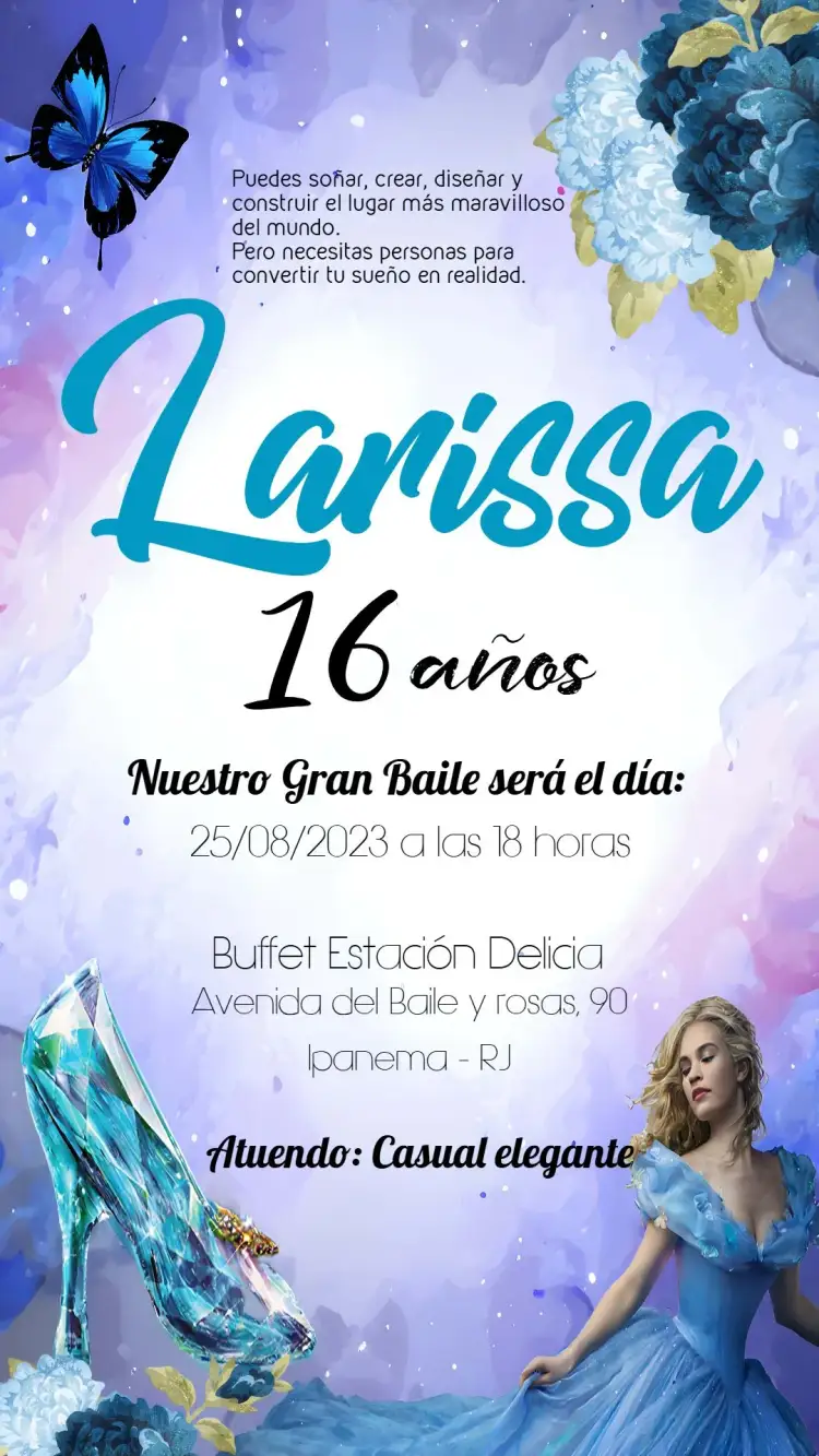 Invitación 15 Años Cenicienta Debutante – tema 15 años Cenicienta, azul, elegante, moderno, temática de cuento de hadas, sofisticado