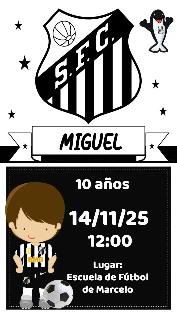 Invitación Santos – tema Cumpleaños verde y blanco, gráficos de fútbol, estilo deportivo, ilustraciones de jugadores, diseño moderno, elementos de campo de fútbol