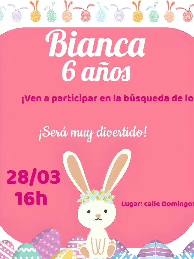 Invitación Pascua Rosa – tema Fechas Conmemorativas colores pasteles, estilo lúdico, ilustraciones de conejos, elementos florales, diseño alegre, estilo moderno