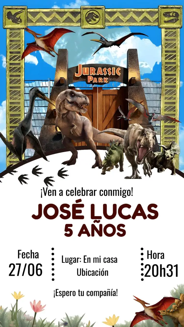 Invitación Jurassic Park Rex – tema Cumpleaños colorido, prehistórico, divertido, naturaleza, dinosaurios, floral