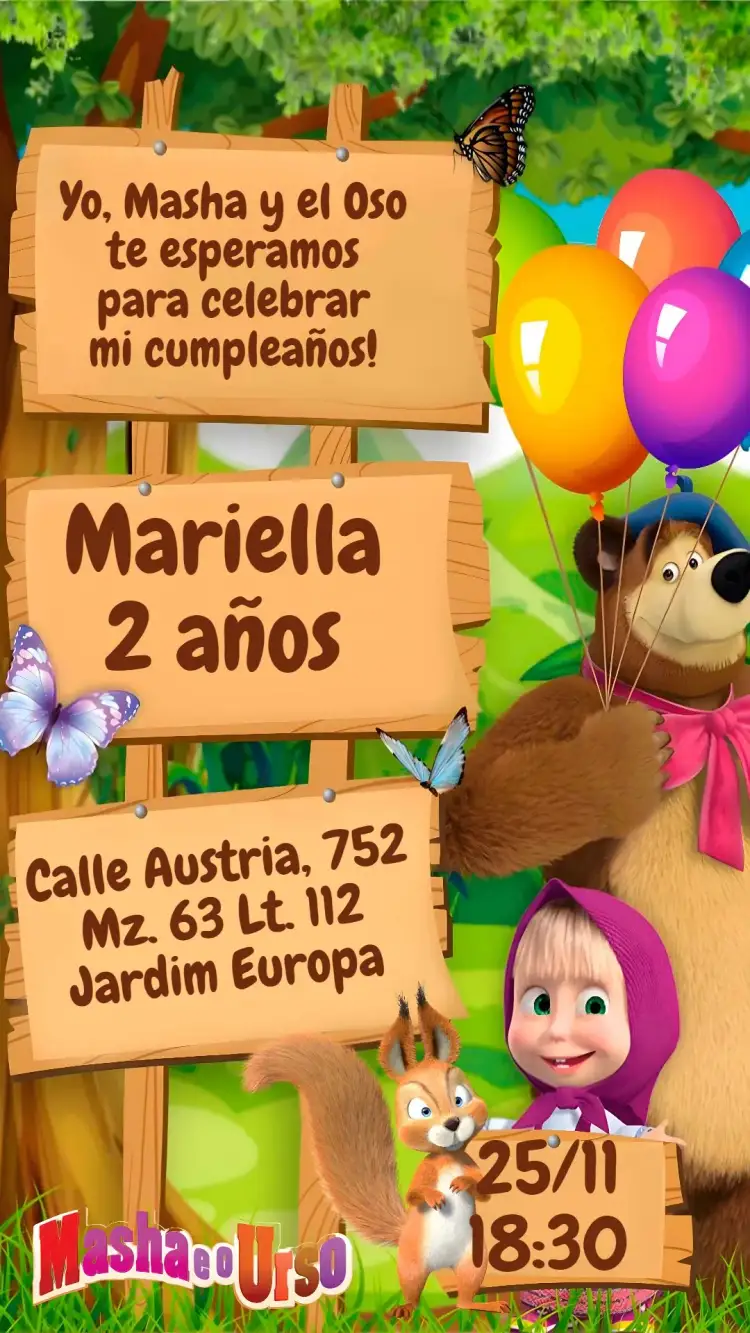 Invitación Masha y el Oso – tema Cumpleaños Infantil colorido, divertido, infantil, ilustraciones lúdicas, temática de dibujos animados, estilo alegre