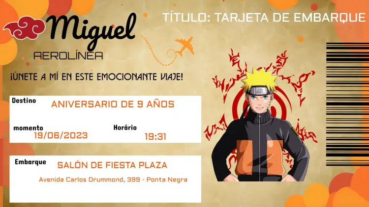 Invitación Tarjeta de Embarque Naruto Blanco – tema Cumpleaños Infantil anime, juegos, aventura, colores vibrantes, temática ninja