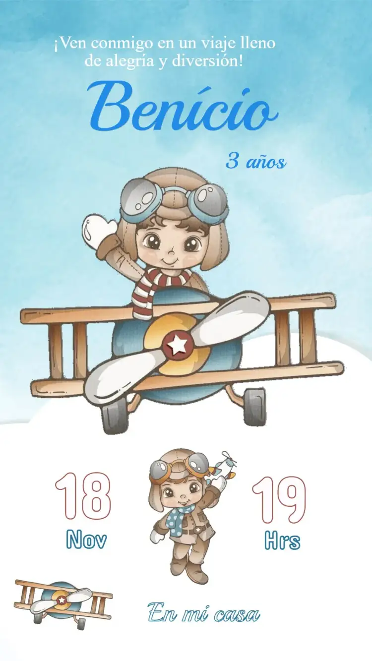Invitación Invitación Cumpleaños Aviador – tema Cumpleaños Infantil avión, nubes, azul y blanco, estilo vintage, ilustraciones divertidas, elementos gráficos de aviación