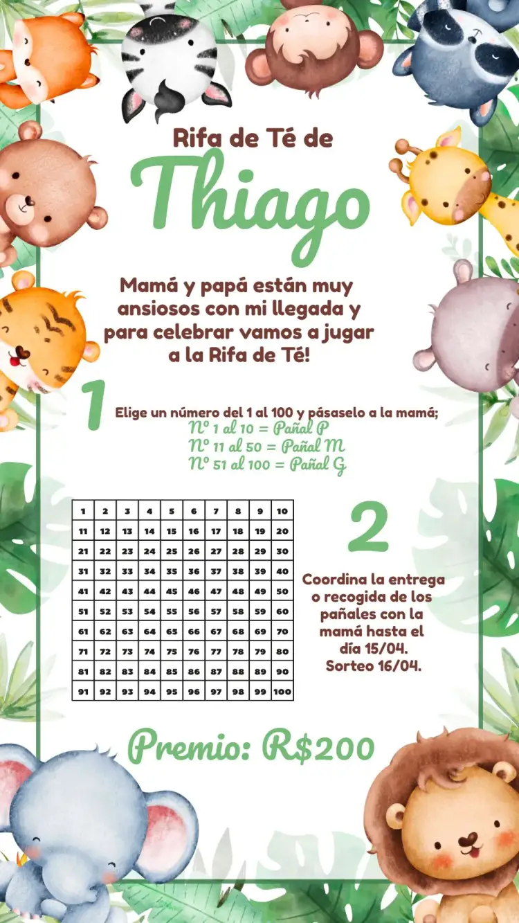 Invitación Baby Shower Safari Raffle – tema Baby Shower safari, animales, colorido, verde, blanco, juguetón