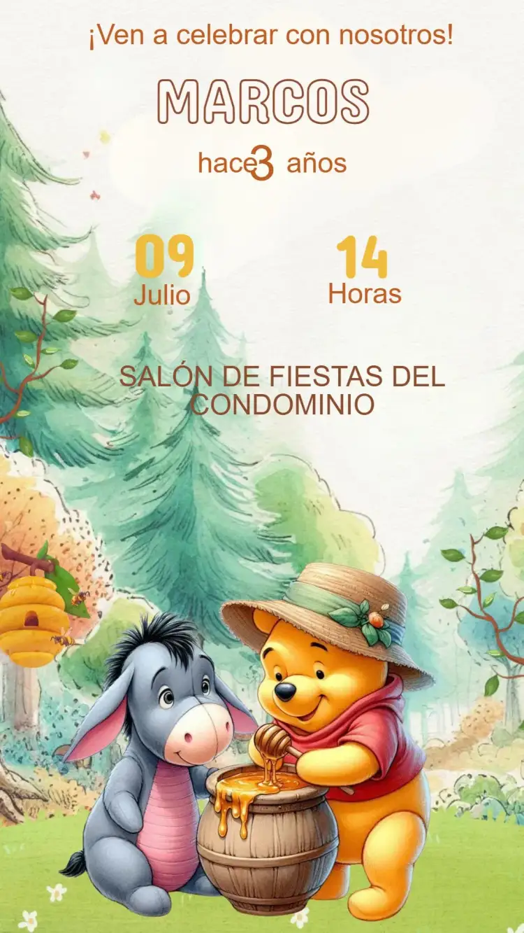 Invitación Invitación Cumpleaños Winnie the Pooh – tema Cumpleaños Infantil colores pasteles, ilustraciones lúdicas, estilo infantil, elementos del bosque, diseño moderno, toque vintage