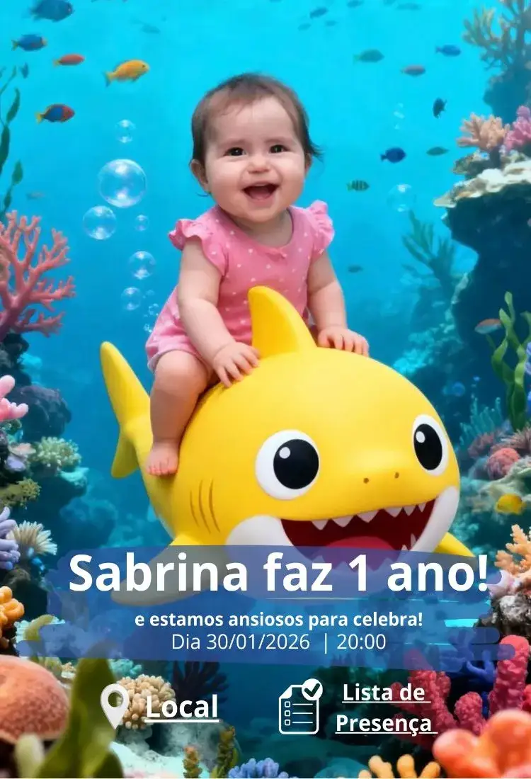 Invitación Invitación Digital Baby Shark – tema Cumpleaños Infantil azul marino, colorido, divertido, infantil, animado