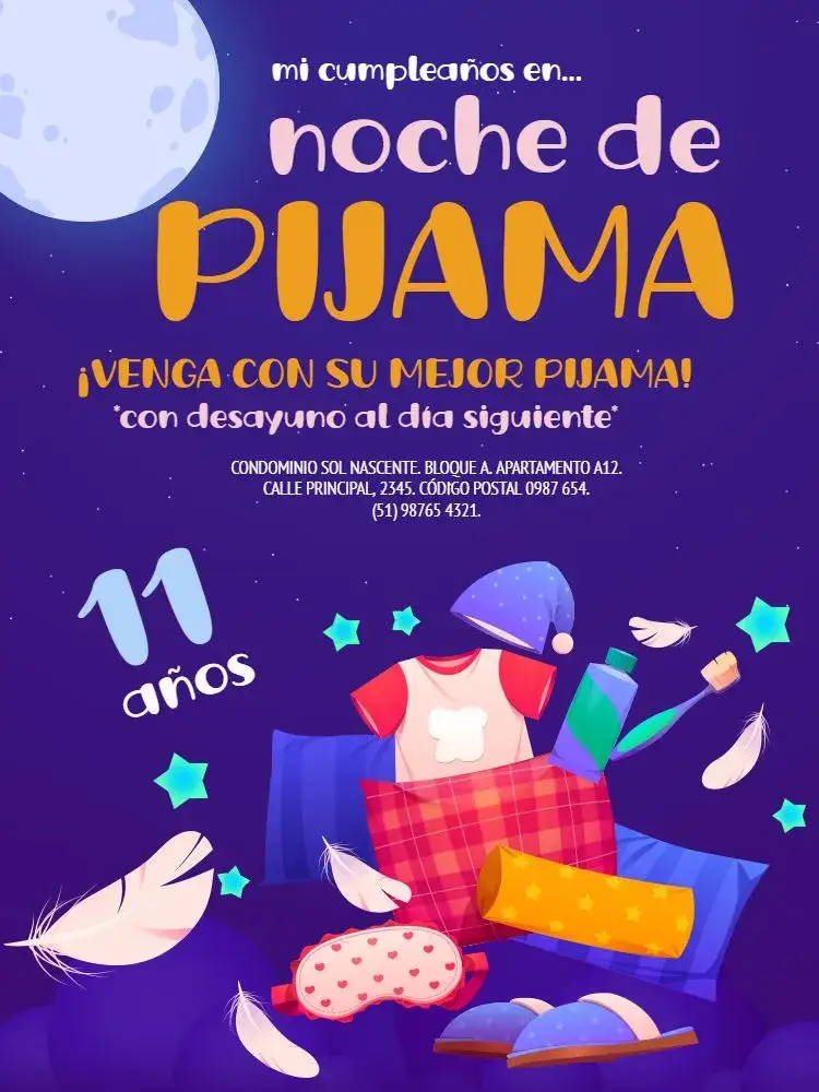 Invitación Fiesta De Pijama Oscuro – tema Cumpleaños Infantil colorido, lúdico, nocturno, divertido, fantasía