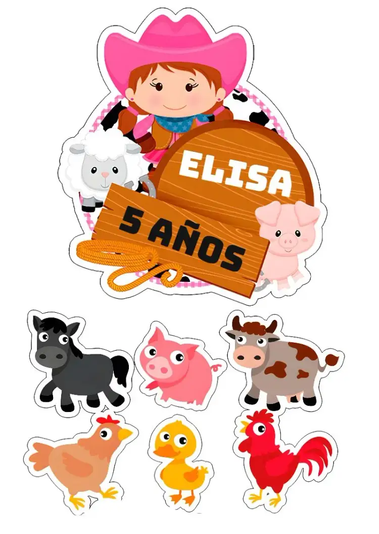 Invitación Topo De Pastel Granja Colorido – tema Topper de torta colorido, lúdico, rural, vibrante, infantil, divertido