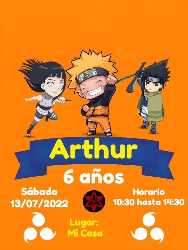 Invitación Naruto Chibi Negro – tema Cumpleaños Infantil chibi, anime, moderno, colorido, divertido, temático