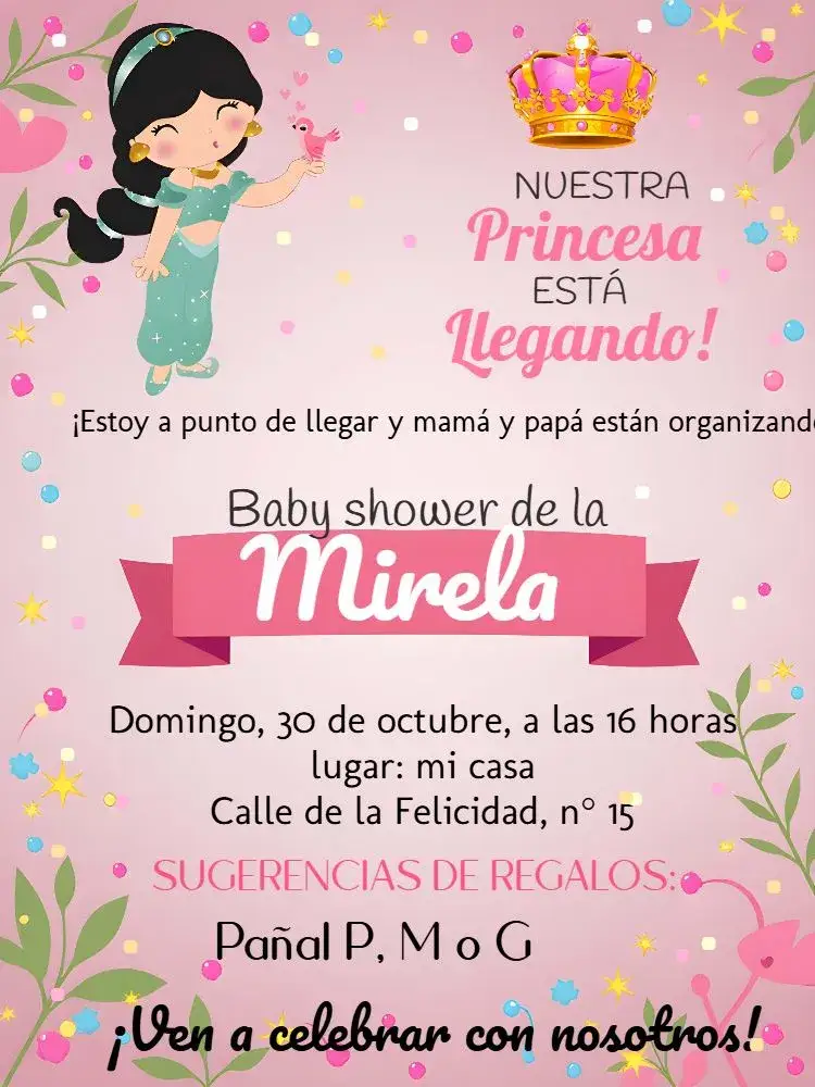 Invitación Baby Shower Jasmine Banner – tema Baby Shower princesa, rosa, blanco, moderno, elegante, lúdico