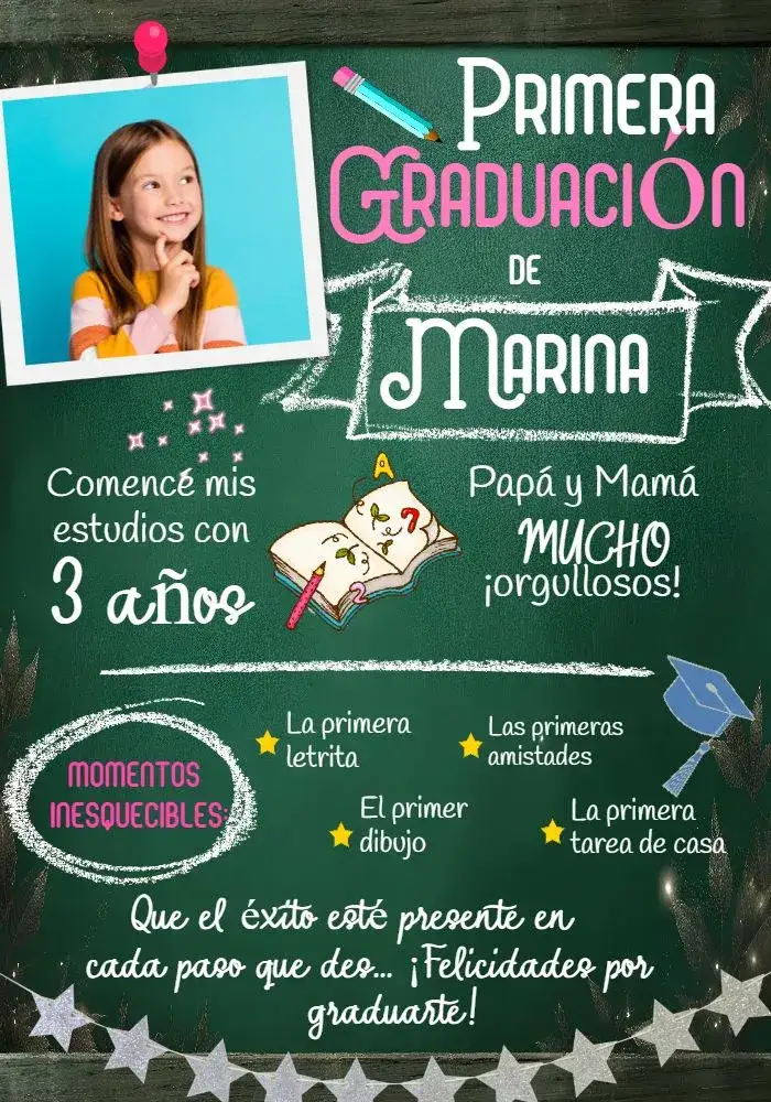 Invitación Graduación Infantil Con Foto Tiza – tema Graduación escolar, lúdico, colorido, moderno, divertido, chalkboard