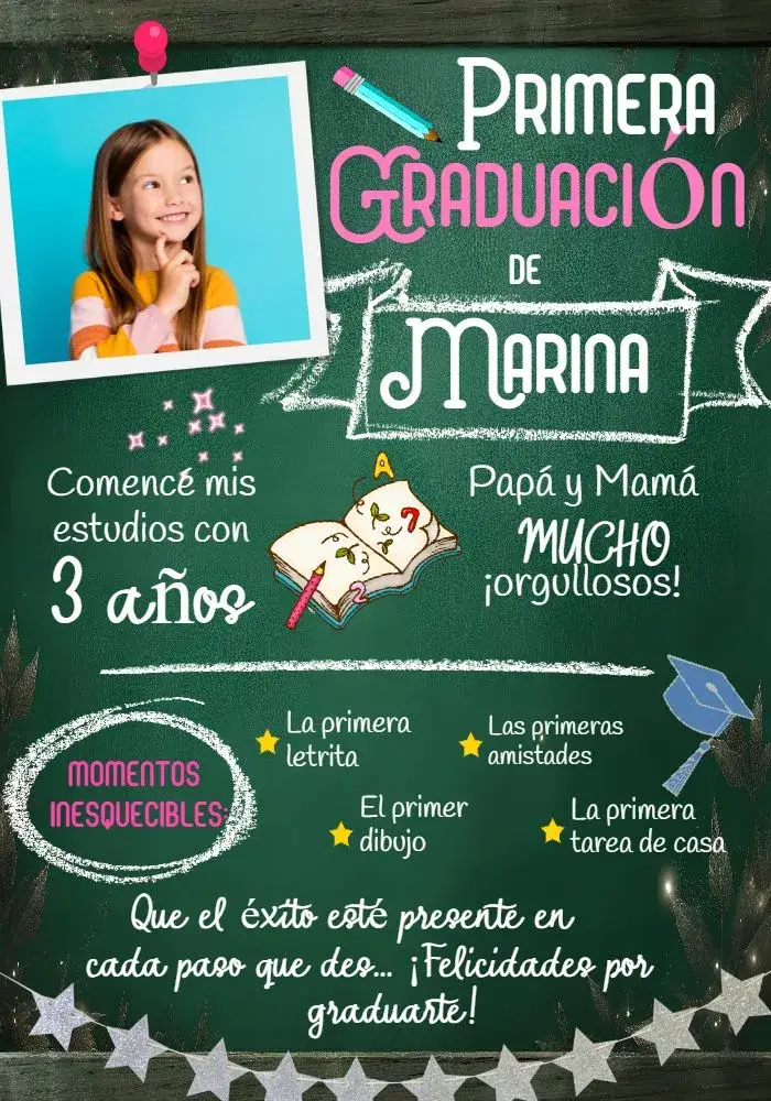 Invitación Graduación Infantil Con Foto Tiza editable y personalizable