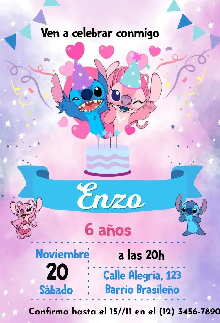 Invitación Stitch – tema Cumpleaños Infantil colorido, tropical, divertido, infantil, personajes, temático