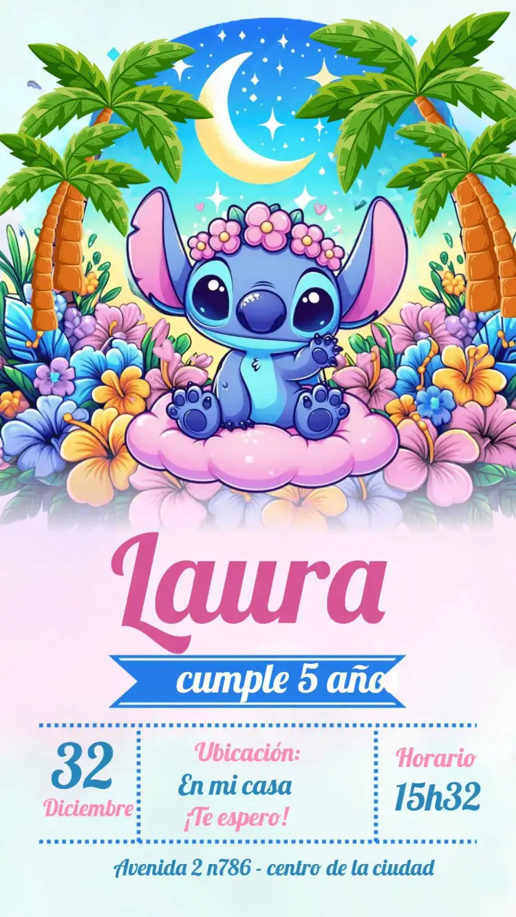 Invitación Stitch Lilo – tema Cumpleaños Infantil colorido, tropical, divertido, ilustración, infantil, Disney