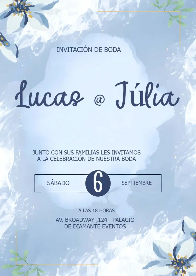 Invitación Boda Floral Azul Novia editable y personalizable